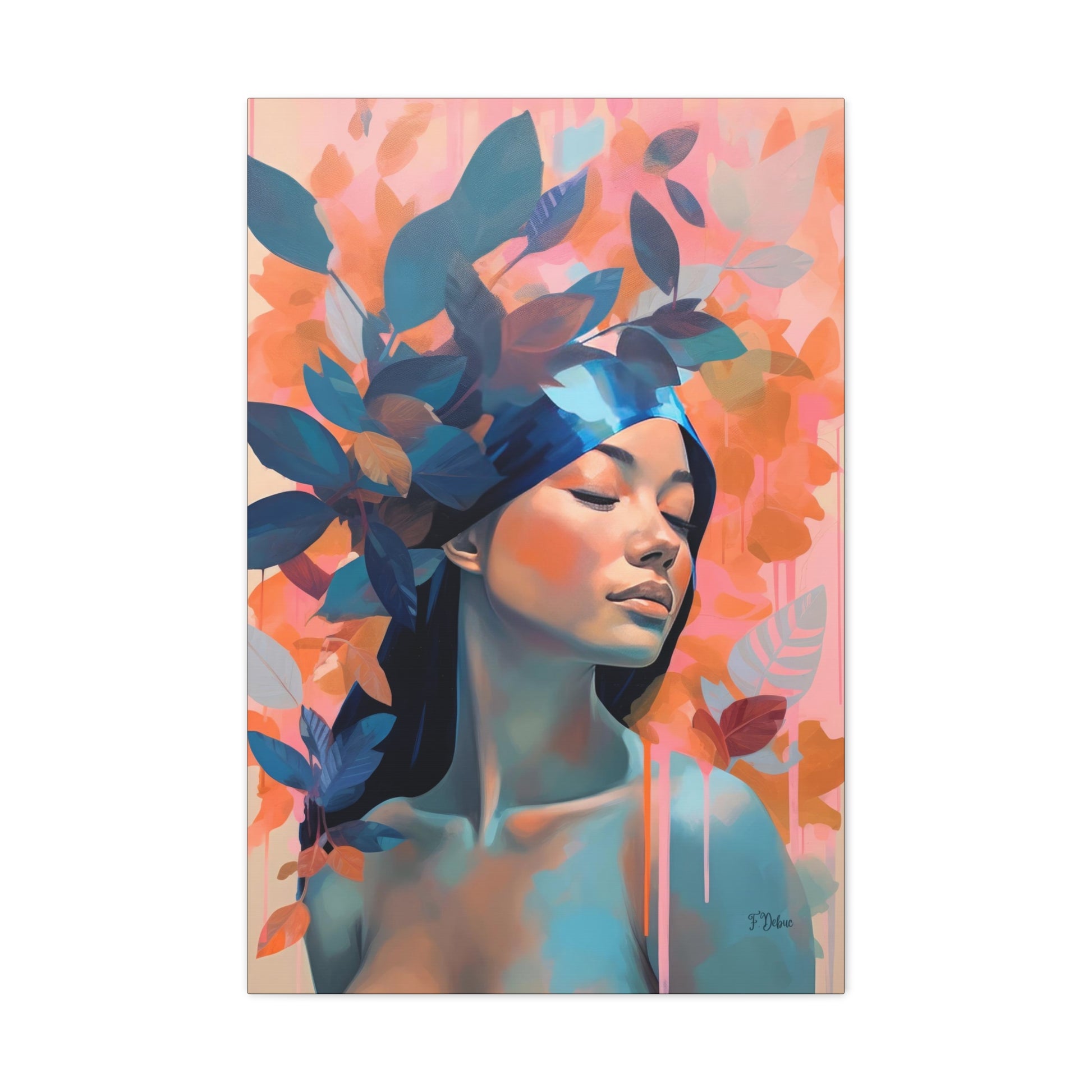 Our fine art wall print features a graceful woman with artistic leaves, capturing elegance in a minimalistic palette.