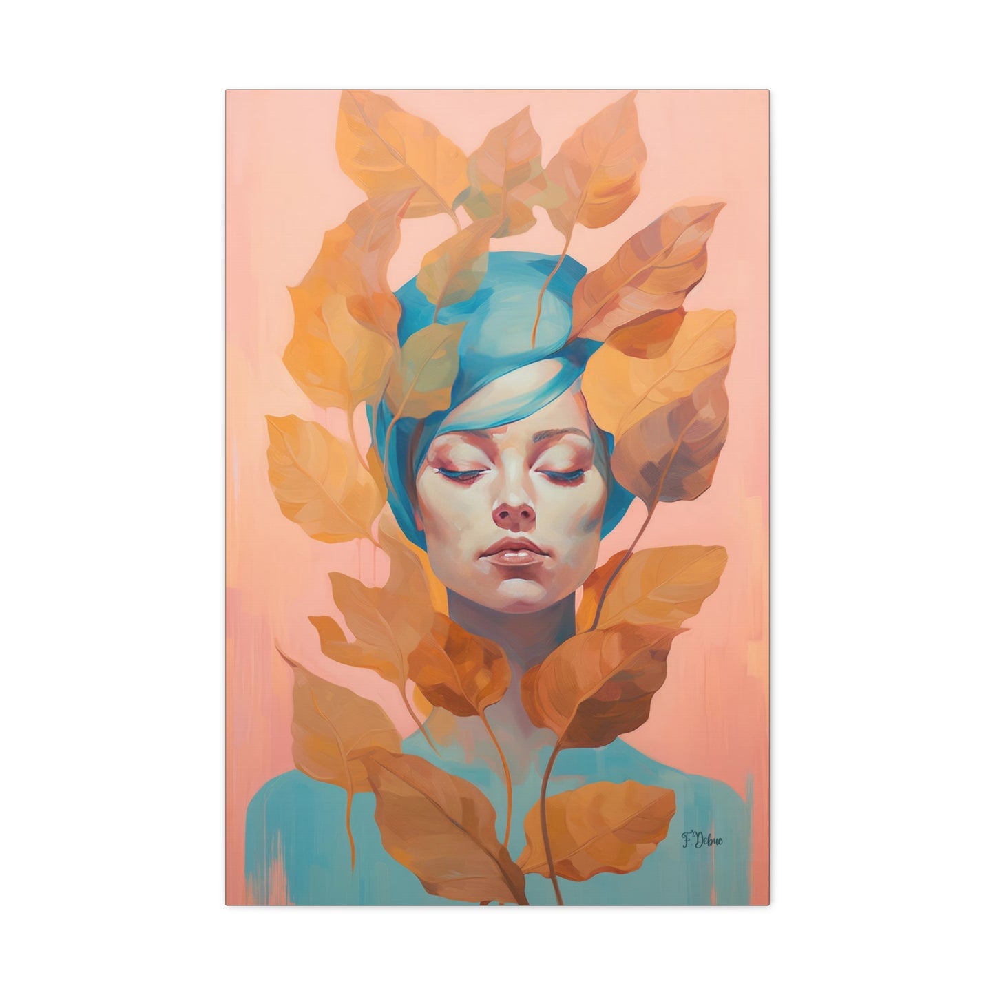 This is a portrait of a beautiful woman  between nature and femininity adorned with intricate leaves. 