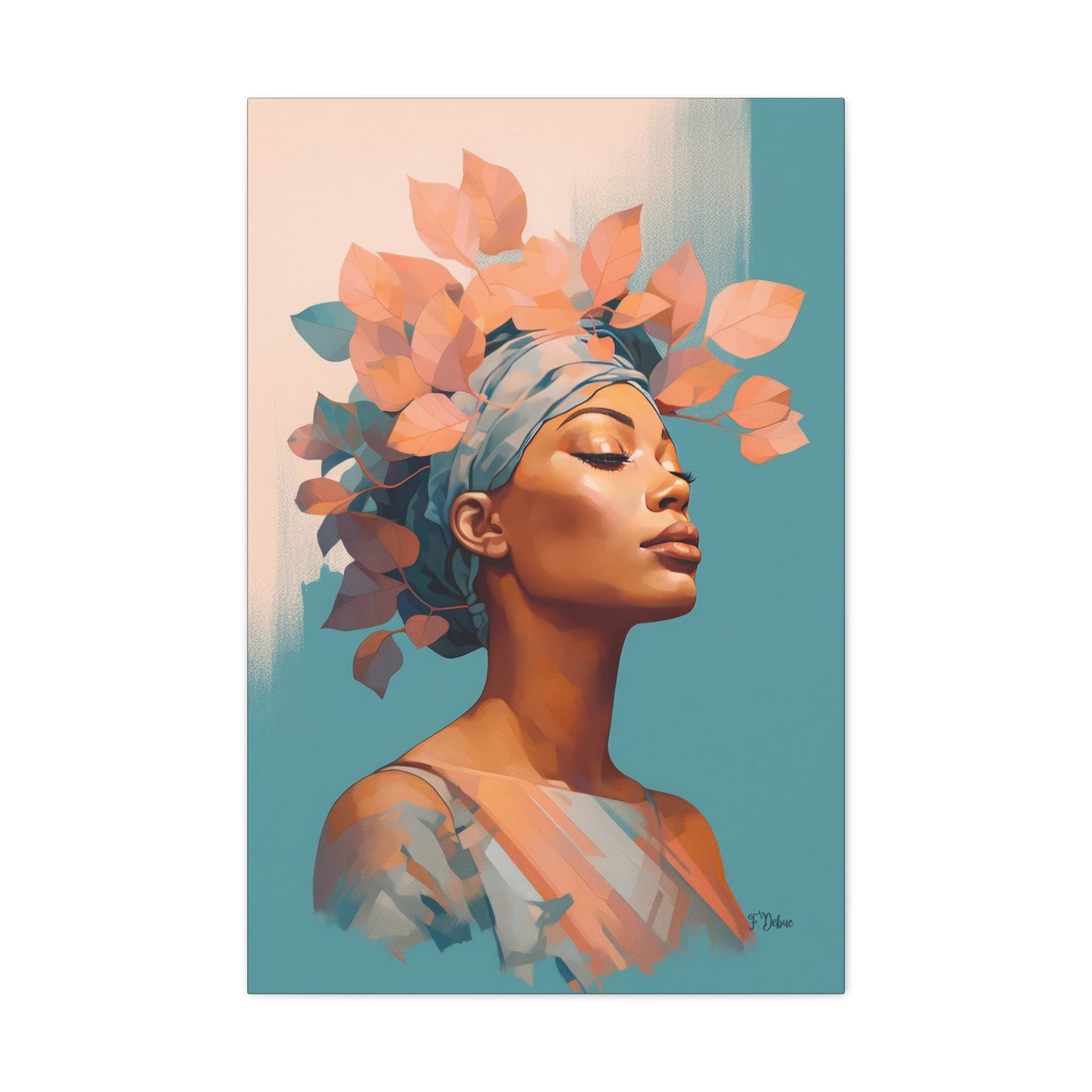 This is the portrait of a  woman with delicate leafy headpiece and minimalist colors embodies the tranquil beauty of nature.
