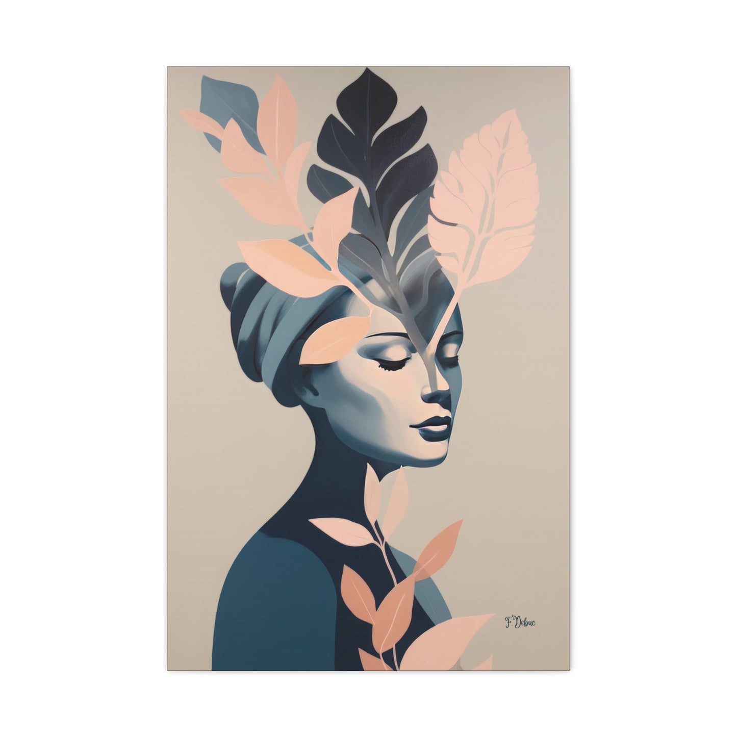 This fine art print wall décor features a woman crowned with beautiful leaves, exuding elegance in minimalistic hues.