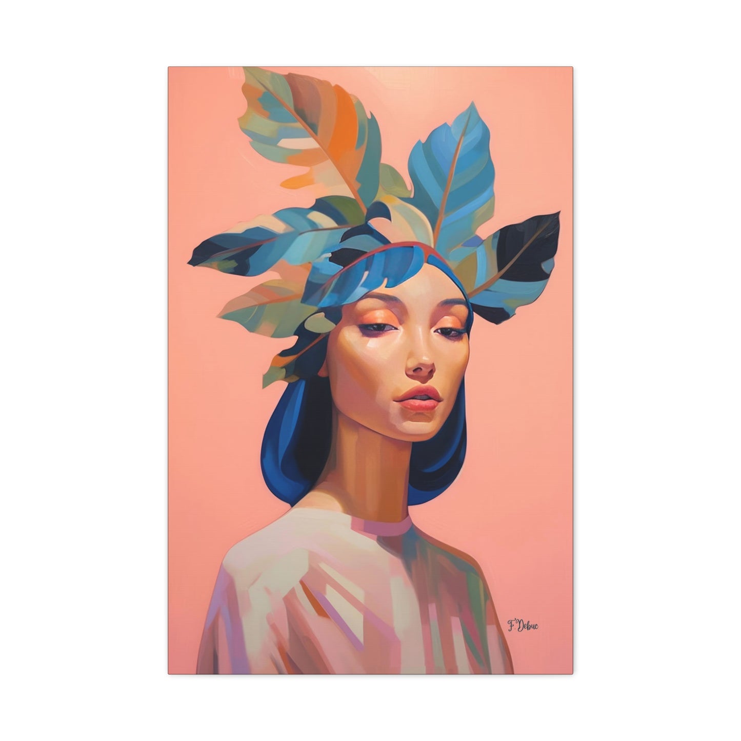Our portrait fine art print showcases a leafy head woman, the portrait is a blend of captivating, muted, and chic colors.