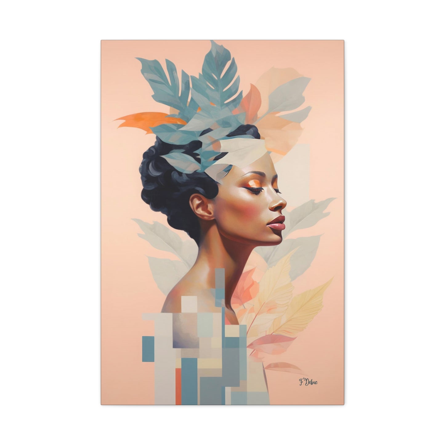 Our wall artwork print showcases a woman with leaves on her head, a fusion of minimalist charm and natural beauty.