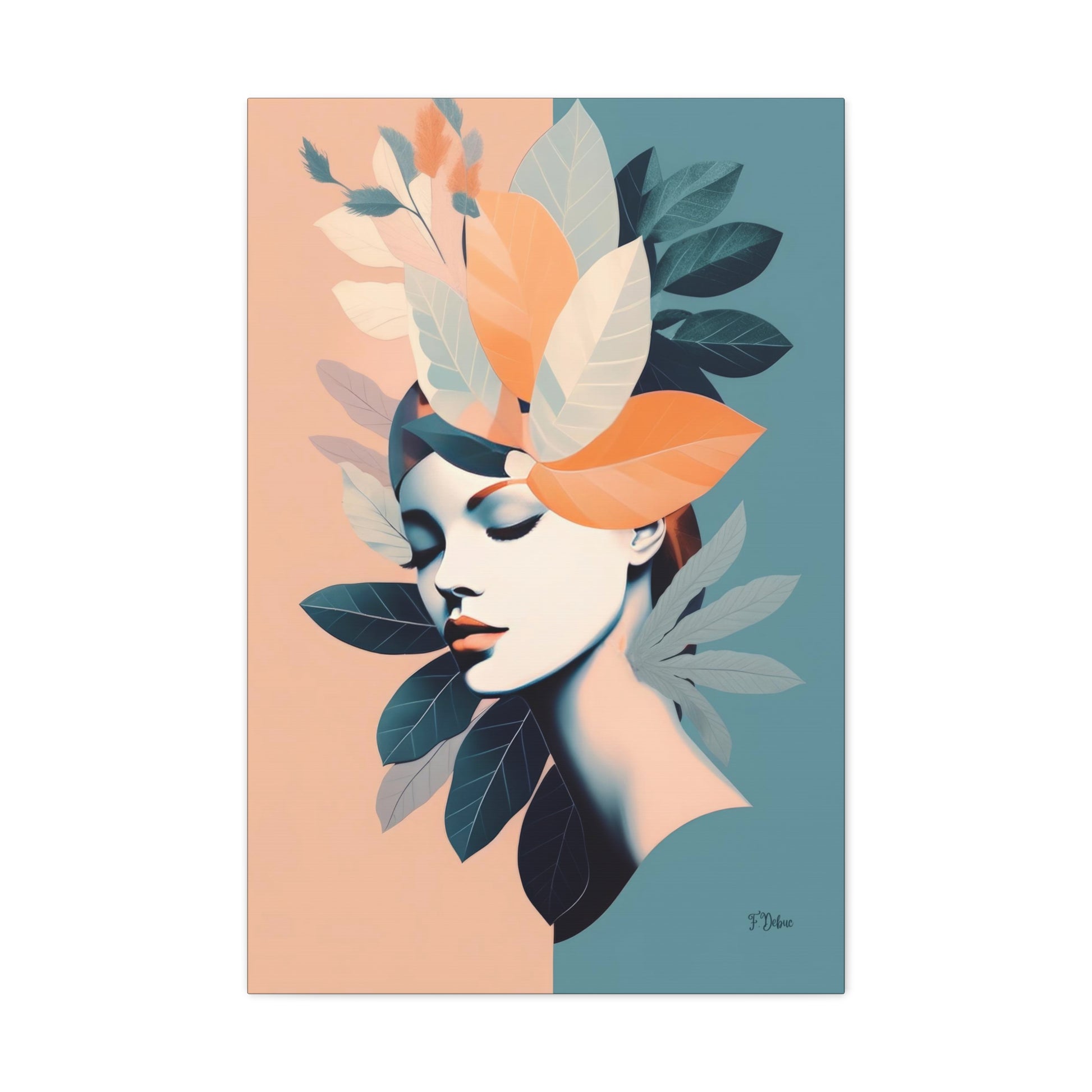 This a painting of a woman adorned with unique leaves on premium fine art paper, an elegant way to decorate your home.