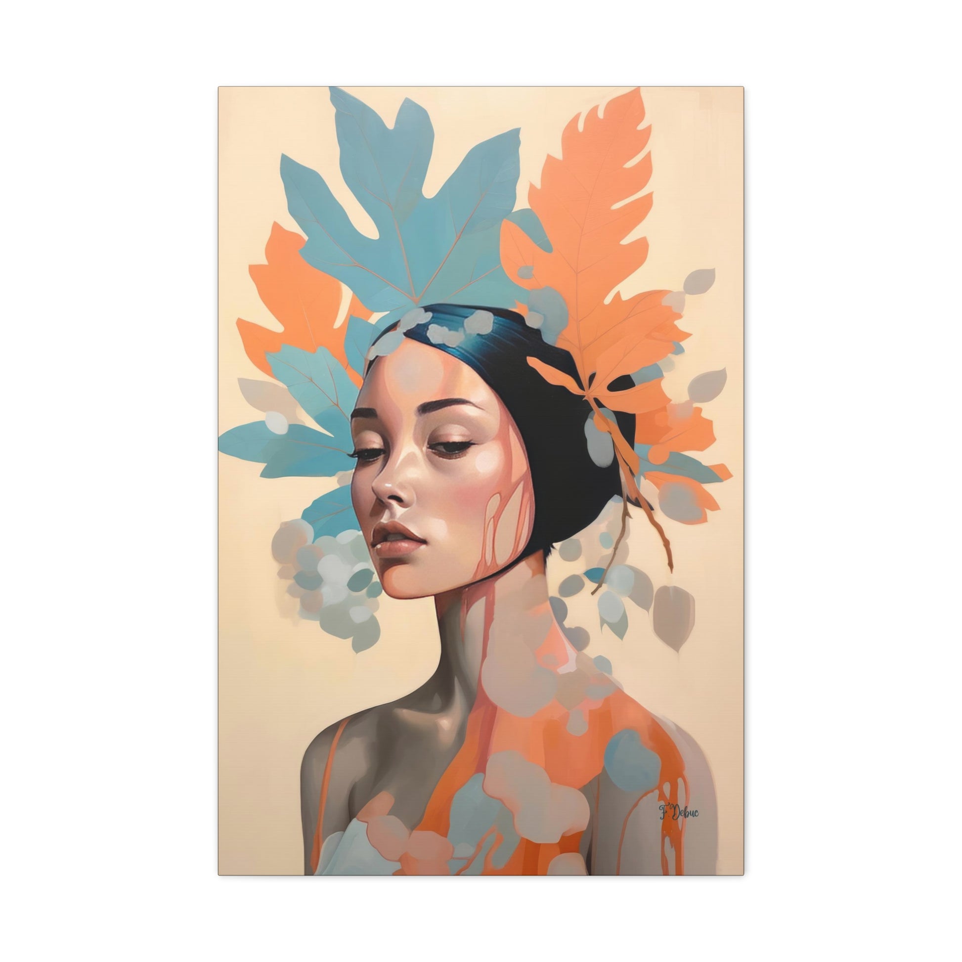 Our canvas wall art showcases a woman adorned with leaves. Elevate your decor with a touch of grace and minimalism.